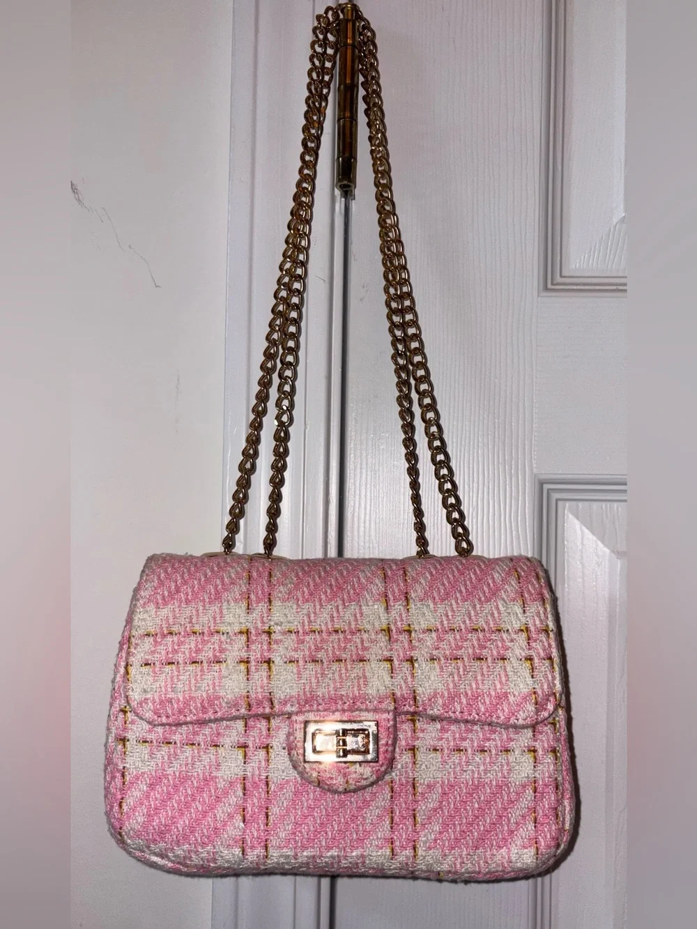 Pink and white tweed mini two Way Crossbody handbag